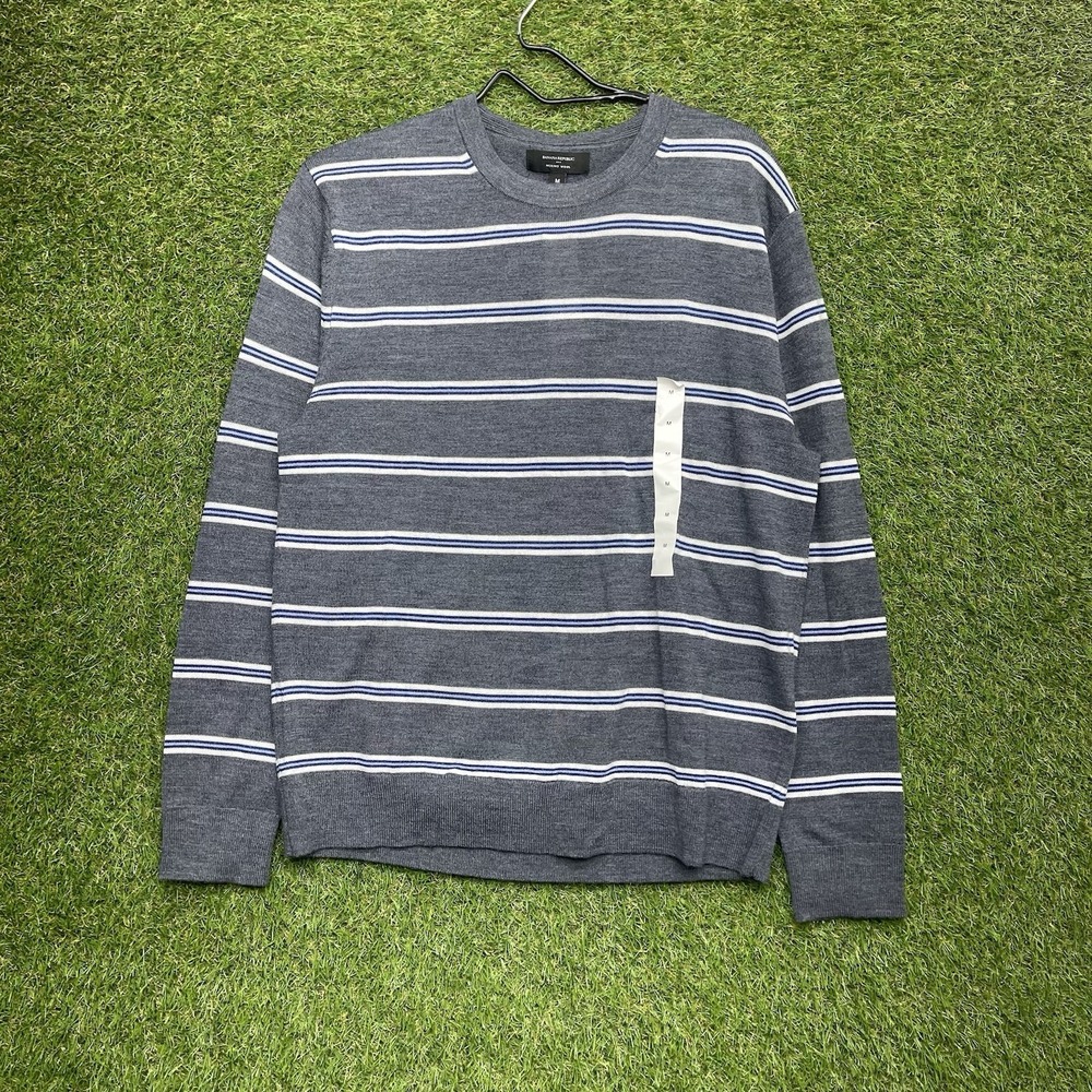 Banana Republic Merino Wool Sweater Mens Medium Gray Striped Shirt Preppy NWT